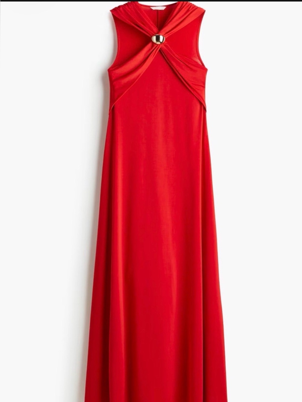 Twist-Front Red Maxi Dress with Gold Accent